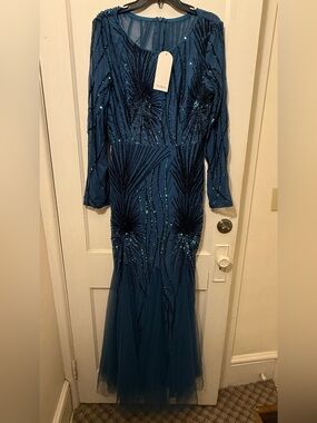Navy Blue Long-Sleeve Sequin Evening Gown